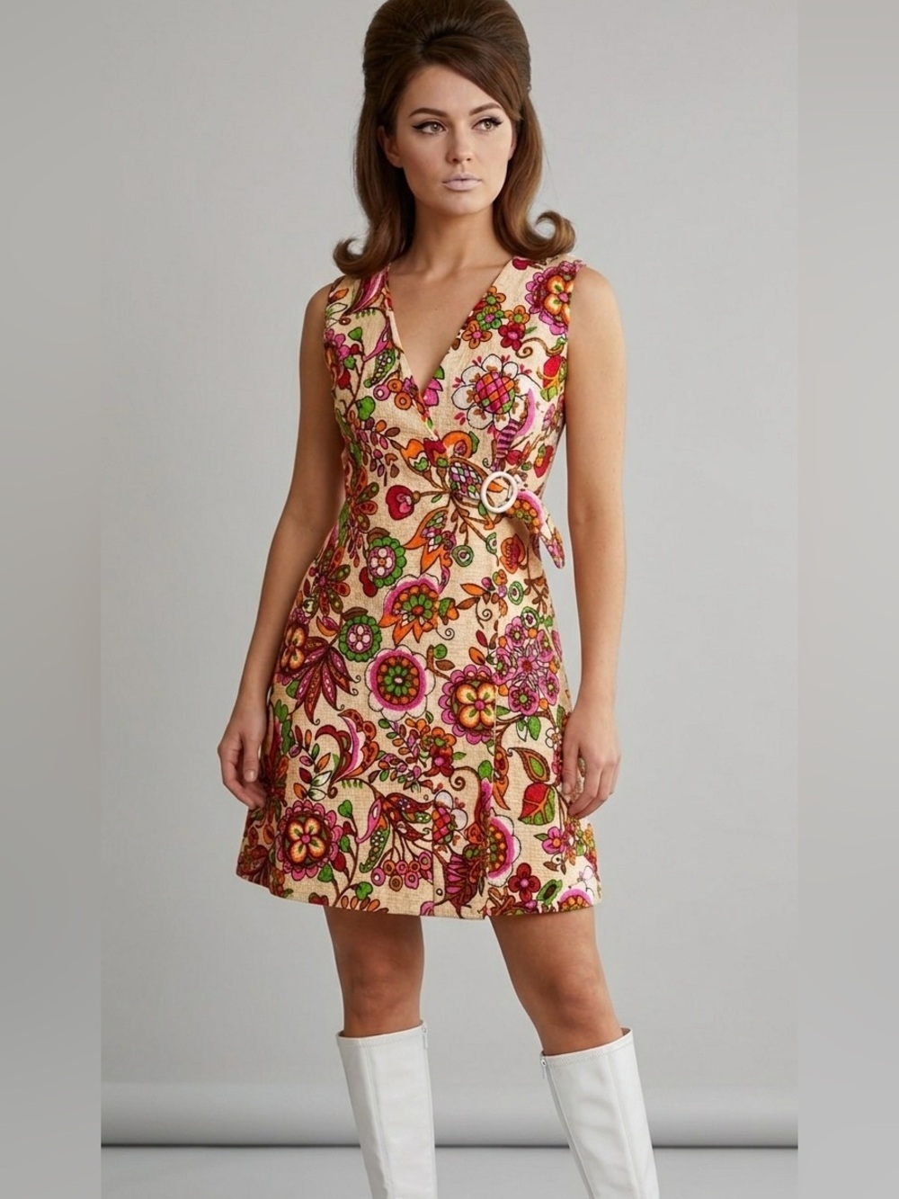 Vintage 60s 70s Leisure Lady
Psychedelic Floral Wrap Structured Waffle Dress